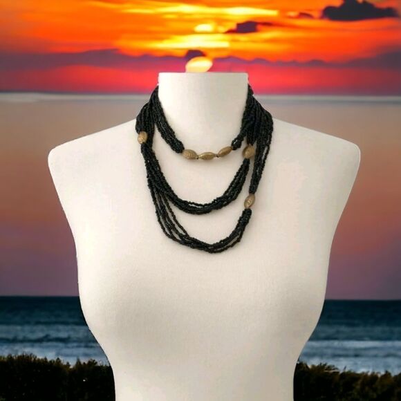 Multi Strand Beaded Necklace LONG 60" Black Seed Beads Brass Colored Stations - Picture 16 of 16